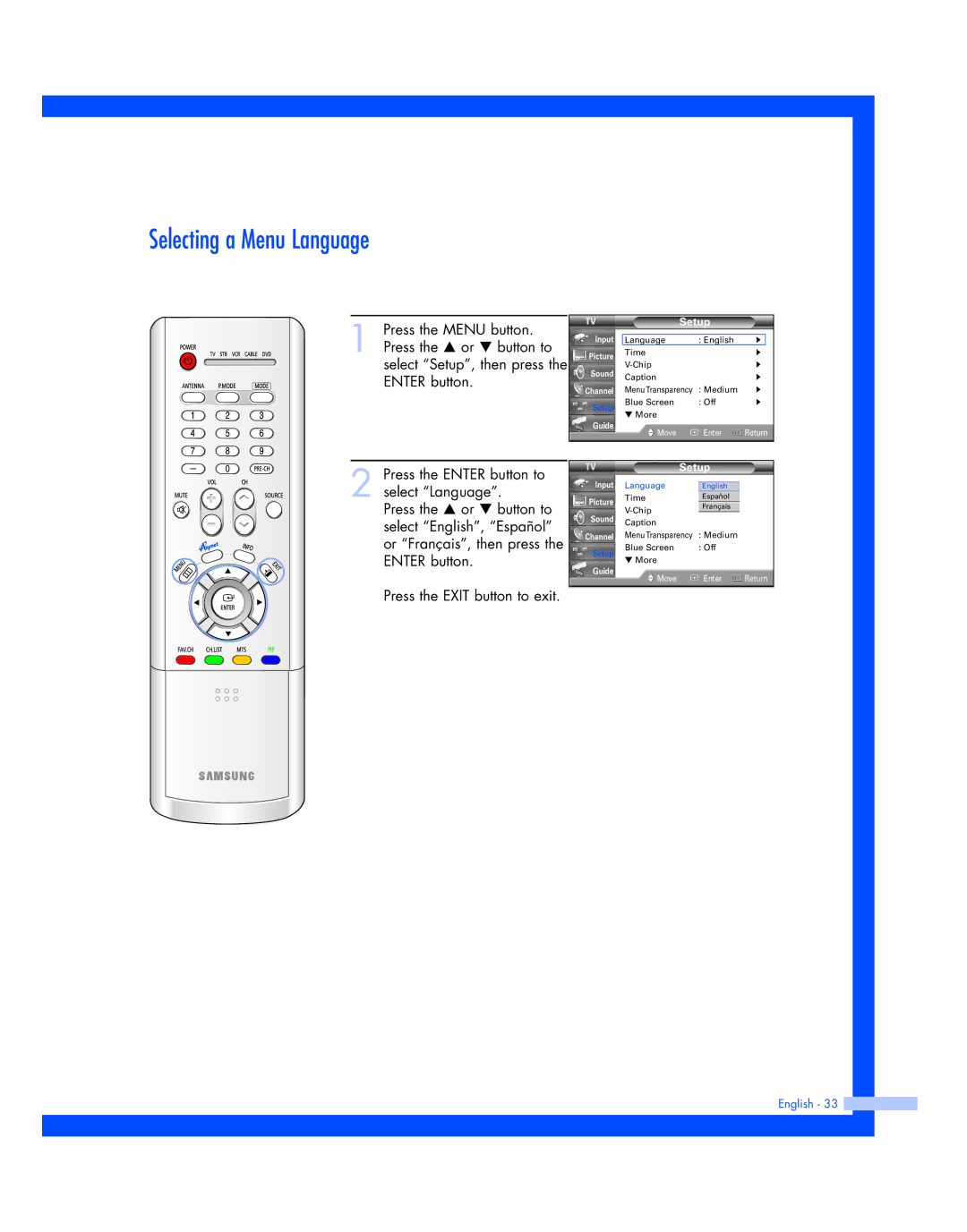 Samsung HL-R5677W, HL-R4677W instruction manual Selecting a Menu Language, Setup 