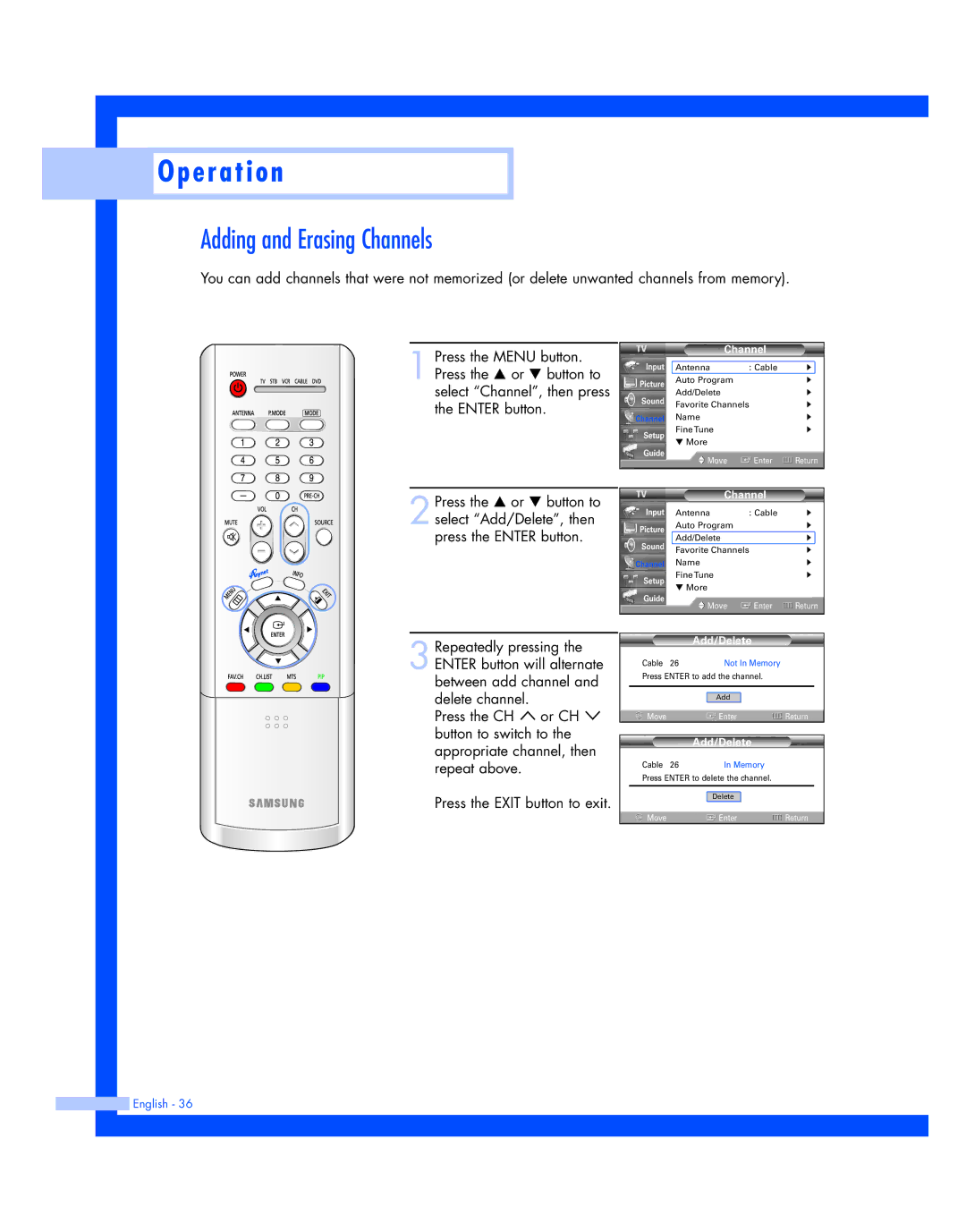 Samsung HL-R4677W, HL-R5677W instruction manual Adding and Erasing Channels, Add/Delete 