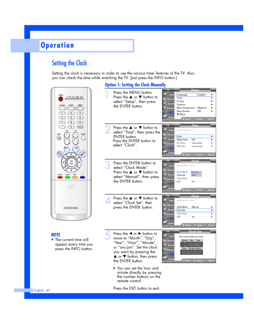 Samsung HL-R4677W, HL-R5677W instruction manual Option 1 Setting the Clock Manually, Time, Clock Set 