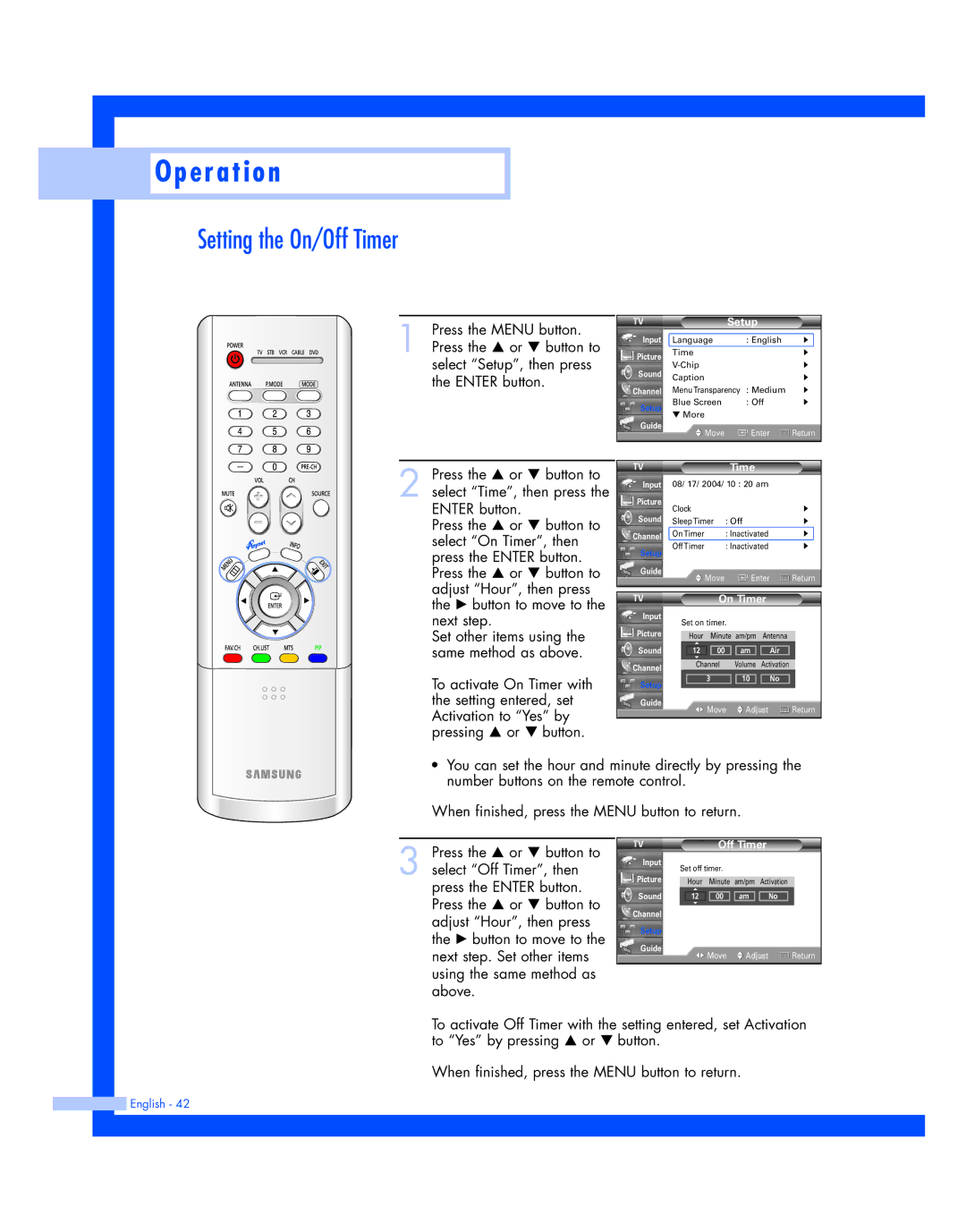 Samsung HL-R4677W, HL-R5677W instruction manual Setting the On/Off Timer, On Timer 