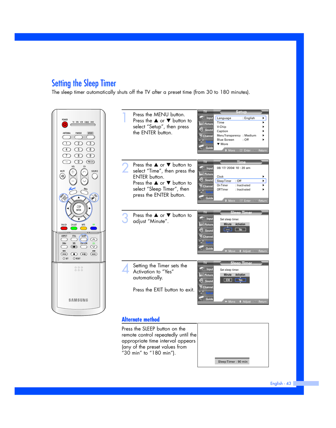 Samsung HL-R5677W, HL-R4677W instruction manual Setting the Sleep Timer, Alternate method 