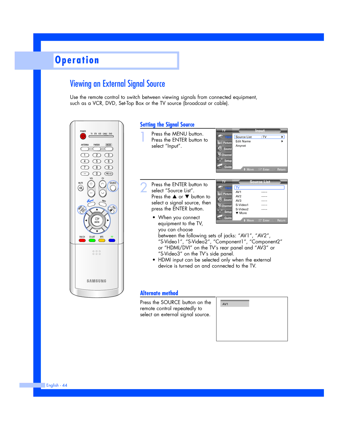 Samsung HL-R4677W, HL-R5677W instruction manual Viewing an External Signal Source, Setting the Signal Source, Source List 