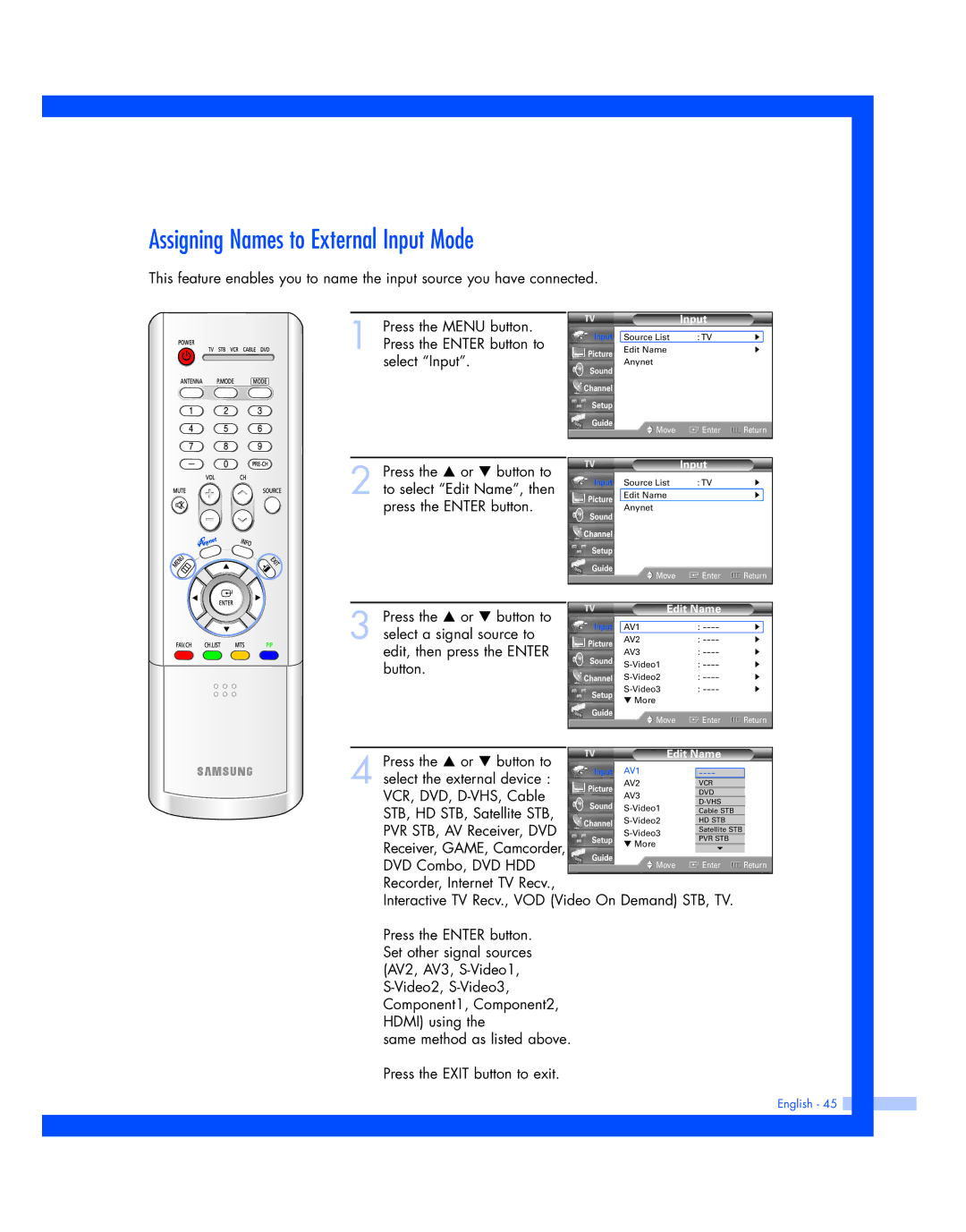 Samsung HL-R5677W, HL-R4677W instruction manual Assigning Names to External Input Mode, Edit Name 