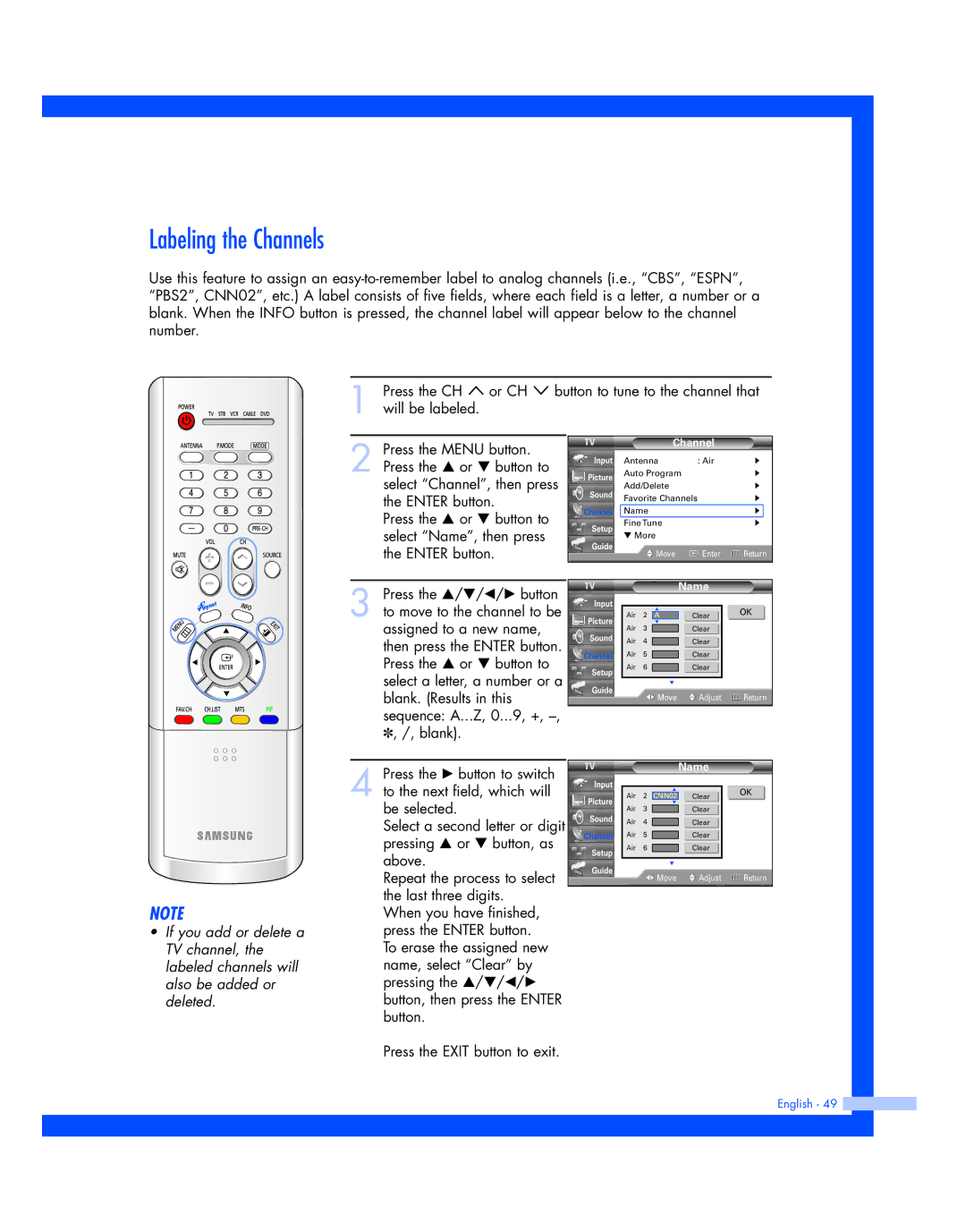 Samsung HL-R5677W, HL-R4677W instruction manual Labeling the Channels, Name 