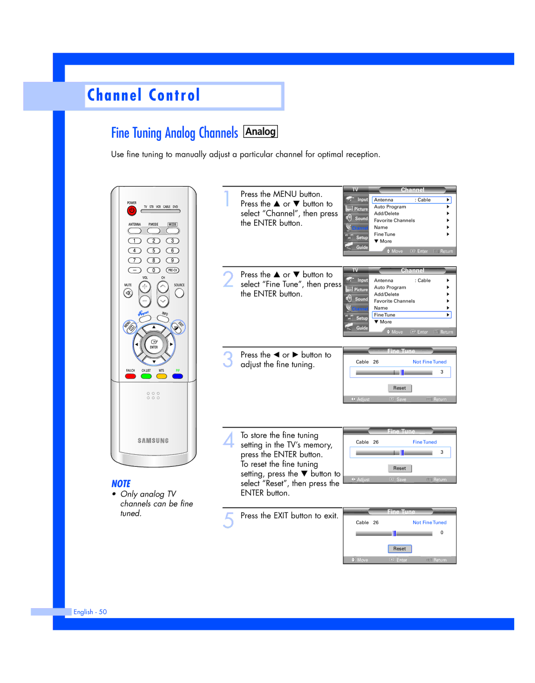 Samsung HL-R4677W, HL-R5677W instruction manual Analog, Fine Tune 