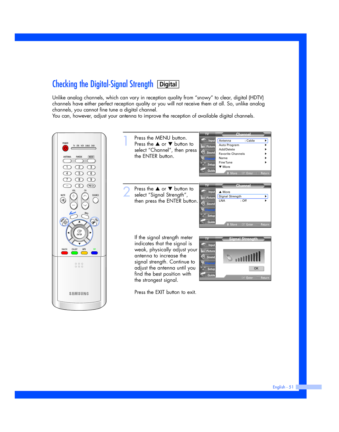 Samsung HL-R5677W, HL-R4677W instruction manual Digital, Signal Strength 