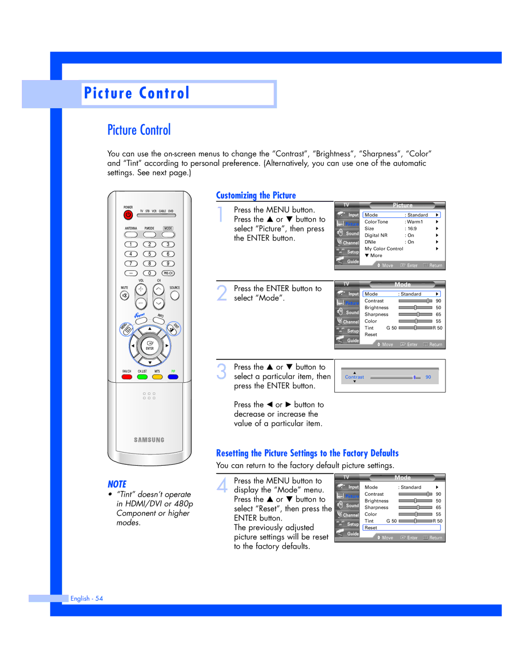 Samsung HL-R4677W Picture Control, Customizing the Picture, Resetting the Picture Settings to the Factory Defaults, Mode 