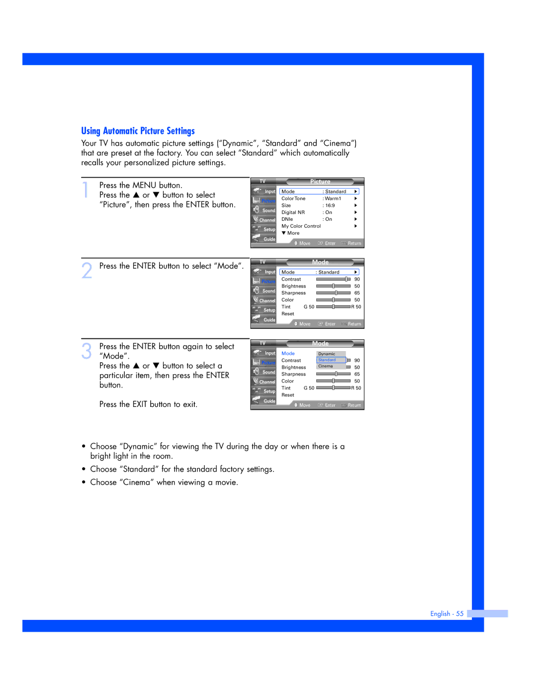 Samsung HL-R5677W, HL-R4677W instruction manual Using Automatic Picture Settings 