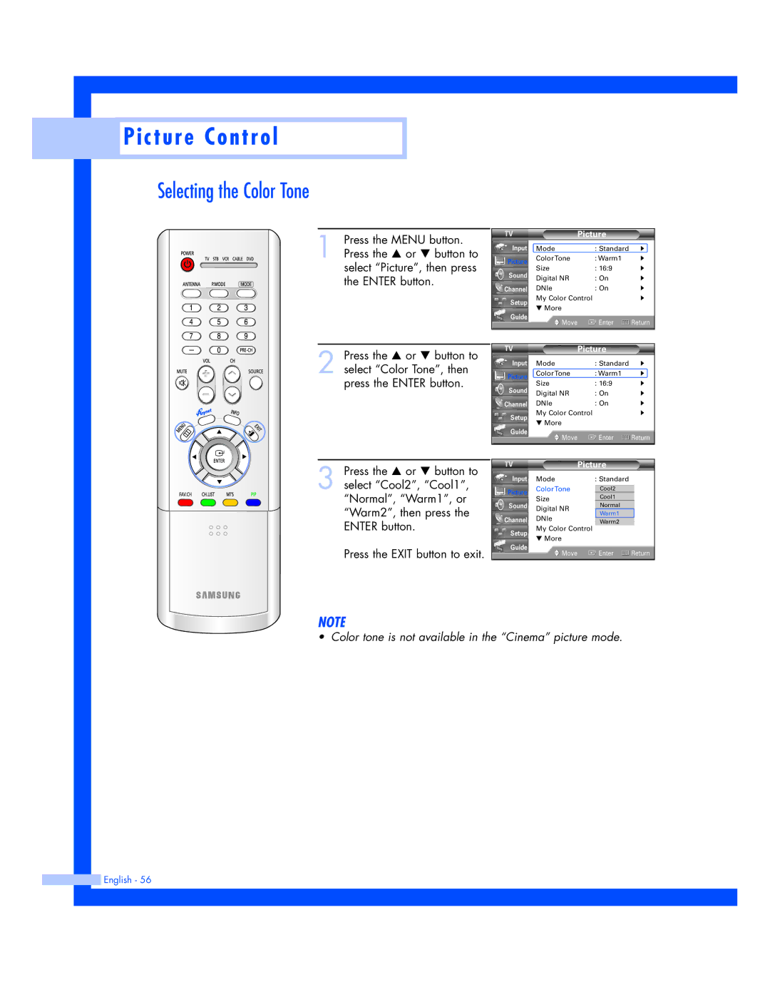 Samsung HL-R4677W, HL-R5677W instruction manual Selecting the Color Tone 