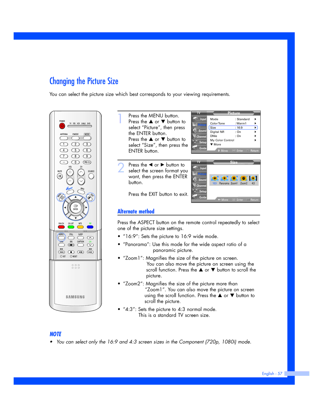 Samsung HL-R5677W, HL-R4677W instruction manual Changing the Picture Size 