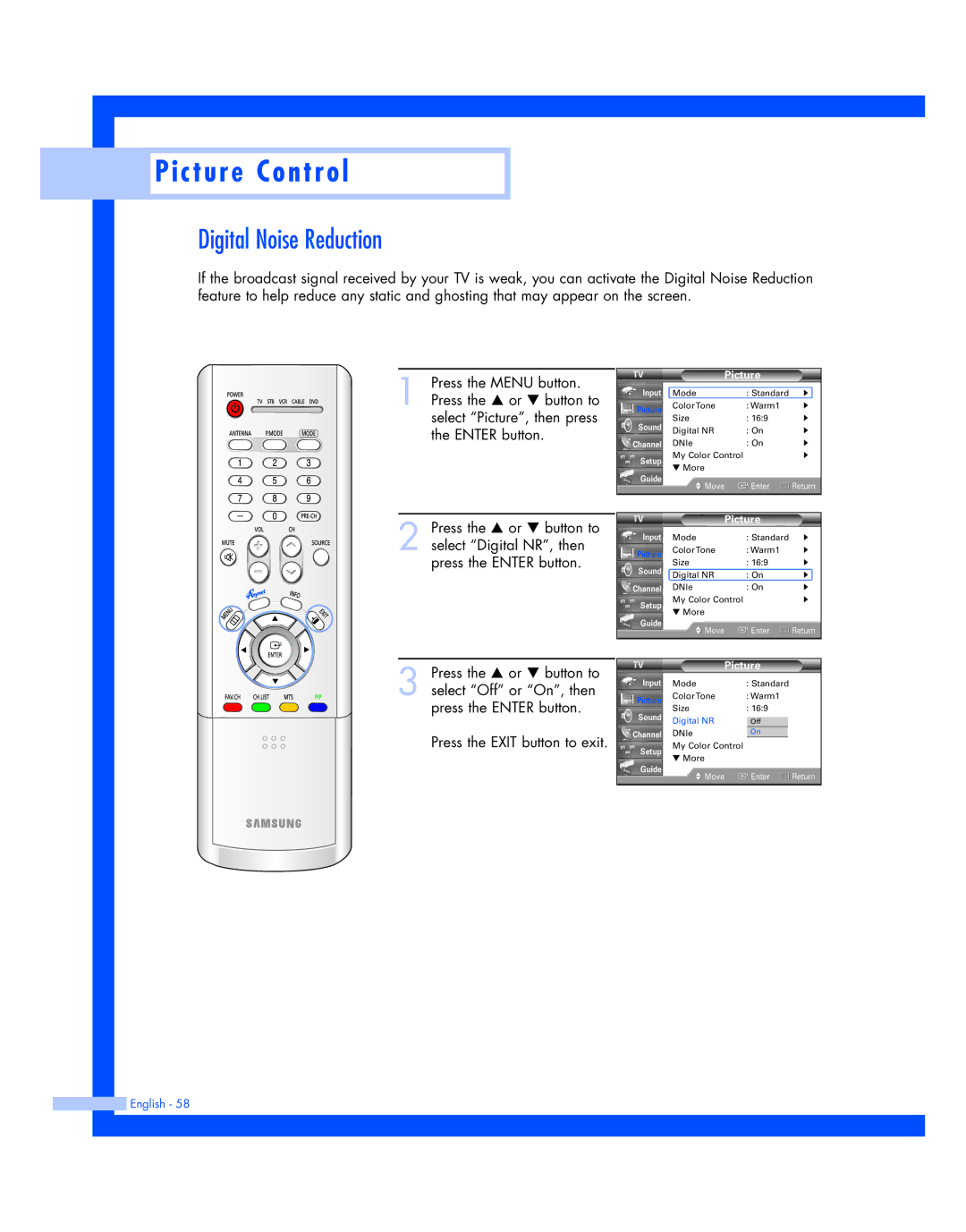 Samsung HL-R4677W, HL-R5677W instruction manual Digital Noise Reduction 