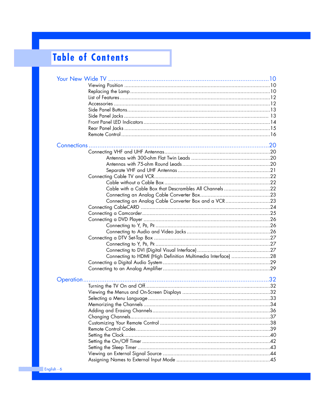 Samsung HL-R4677W, HL-R5677W instruction manual Table of Contents 