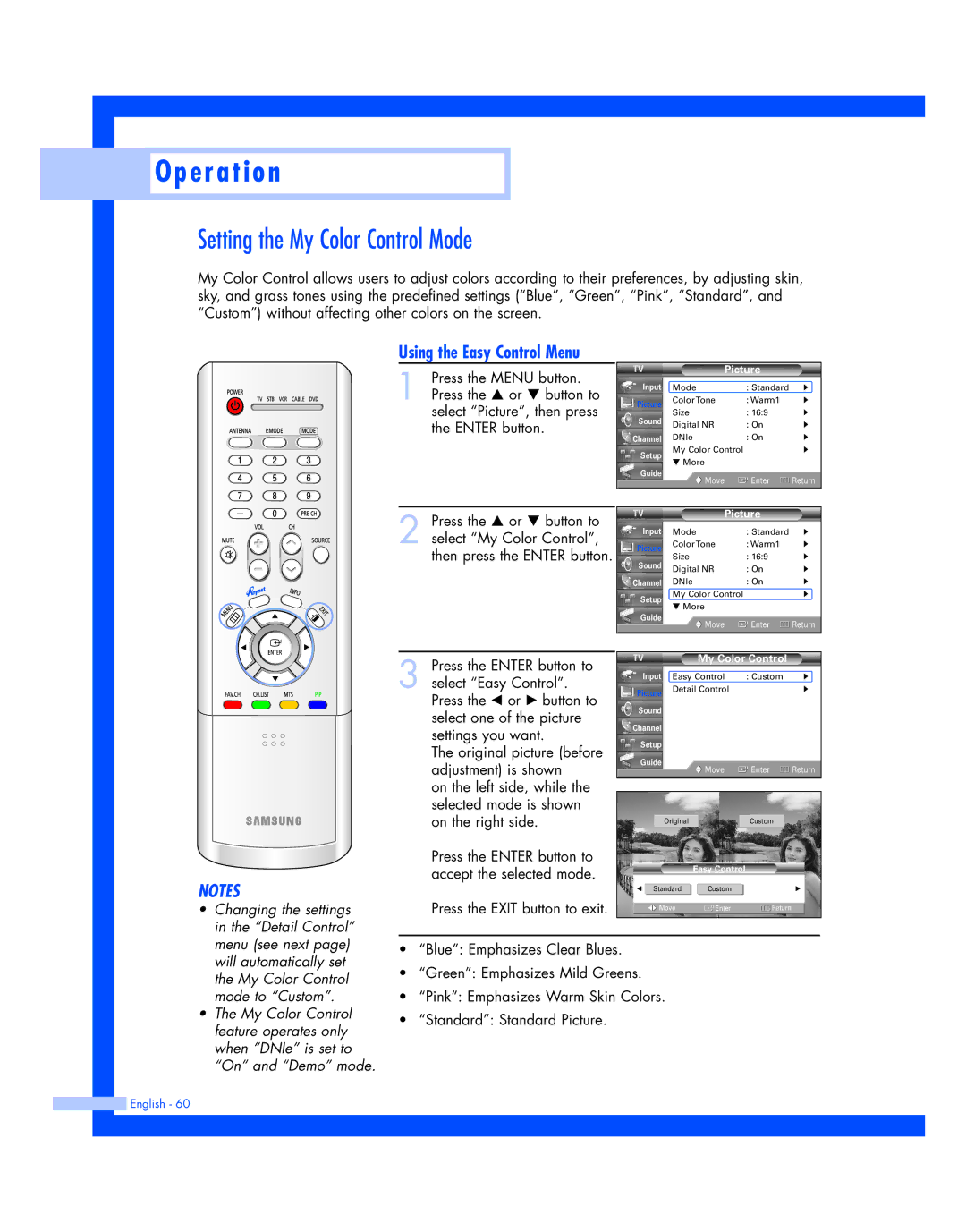 Samsung HL-R4677W, HL-R5677W instruction manual Setting the My Color Control Mode, Using the Easy Control Menu 