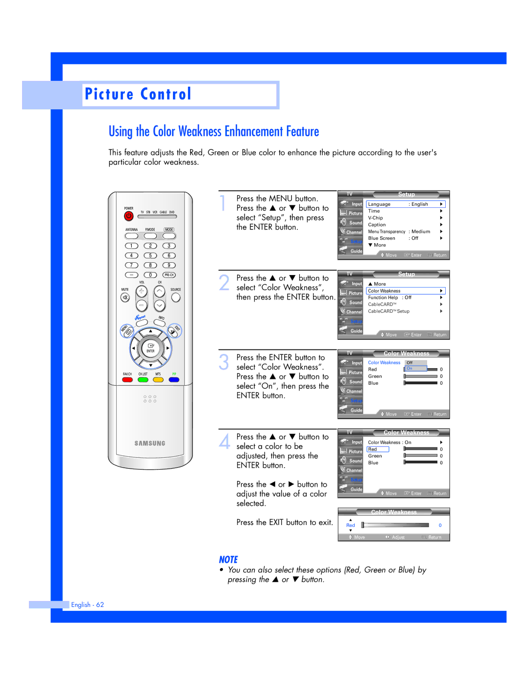 Samsung HL-R4677W, HL-R5677W instruction manual Using the Color Weakness Enhancement Feature 