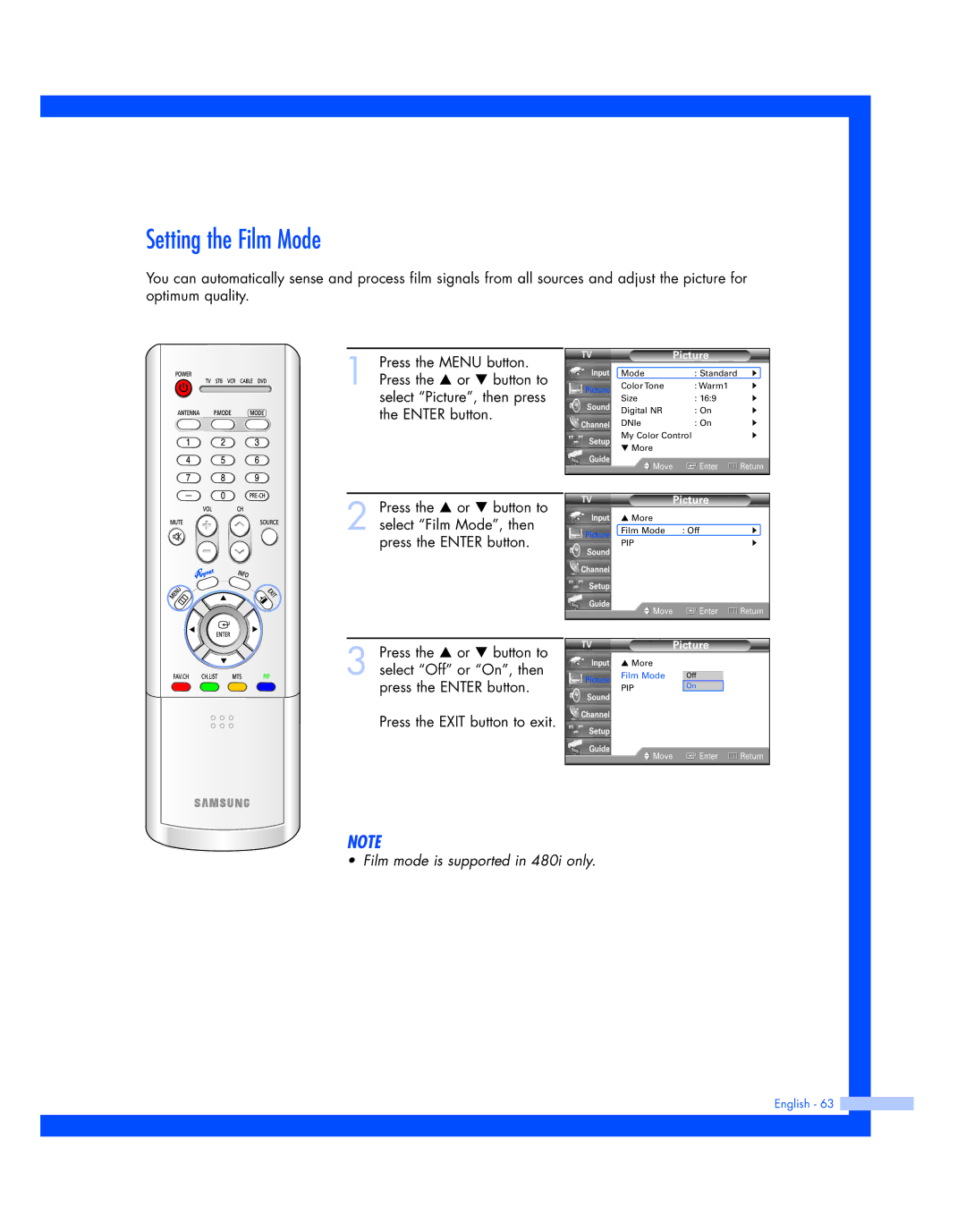 Samsung HL-R5677W, HL-R4677W instruction manual Setting the Film Mode 