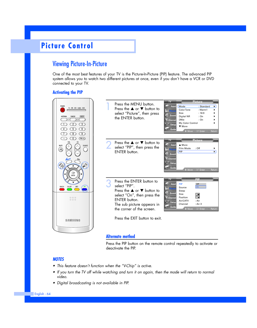 Samsung HL-R4677W, HL-R5677W instruction manual Viewing Picture-In-Picture, Activating the PIP 