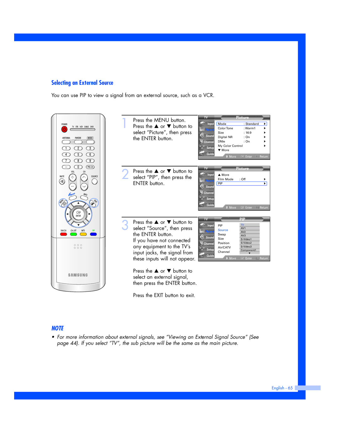 Samsung HL-R5677W, HL-R4677W instruction manual Selecting an External Source, Pip 