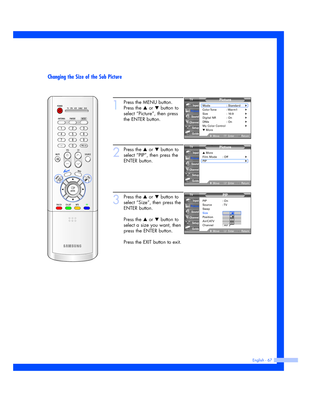 Samsung HL-R5677W, HL-R4677W instruction manual Changing the Size of the Sub Picture 