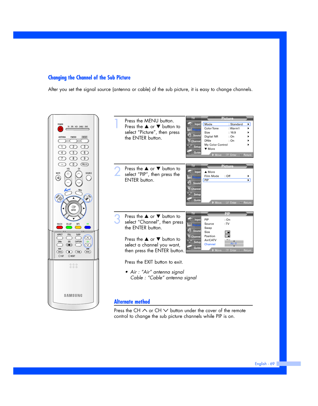 Samsung HL-R5677W, HL-R4677W instruction manual Changing the Channel of the Sub Picture, Alternate method 