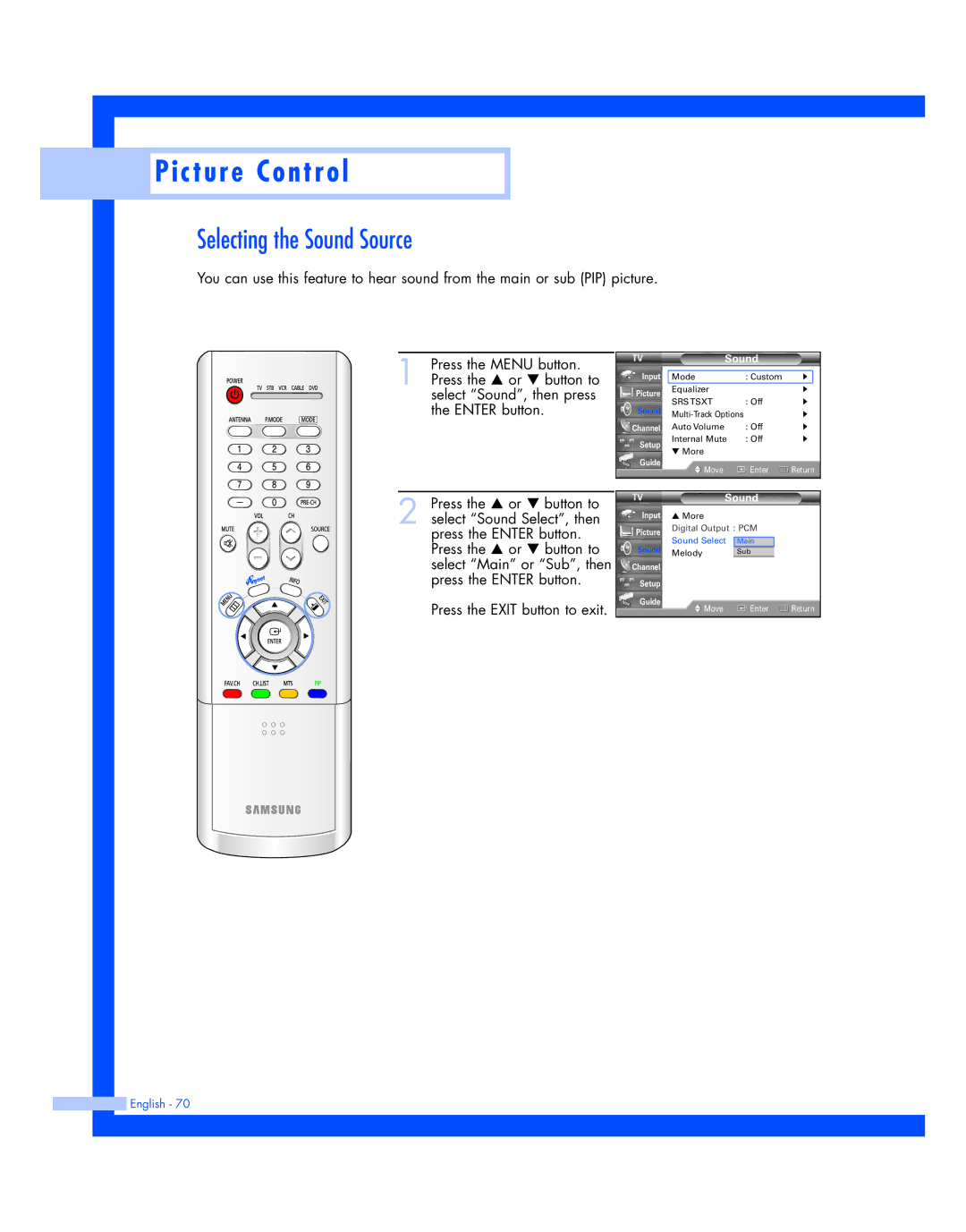 Samsung HL-R4677W, HL-R5677W instruction manual Selecting the Sound Source 