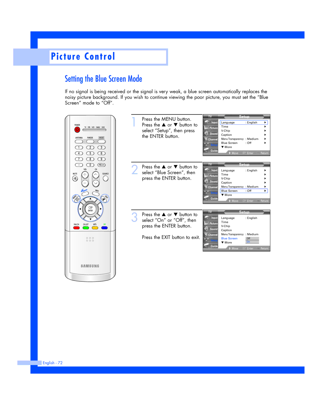 Samsung HL-R4677W, HL-R5677W instruction manual Setting the Blue Screen Mode, Setup 