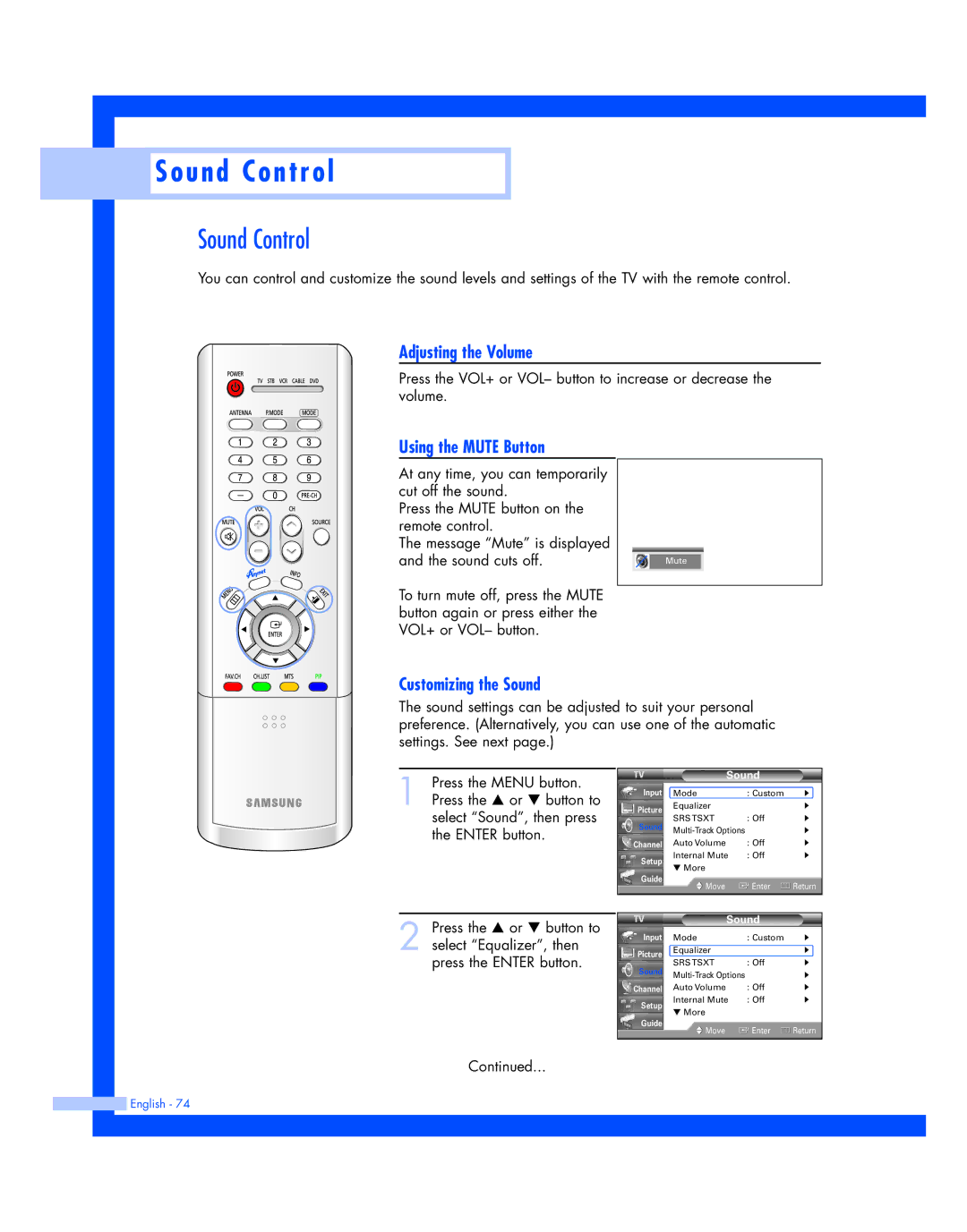 Samsung HL-R4677W, HL-R5677W Sound Control, Adjusting the Volume, Using the Mute Button, Customizing the Sound 