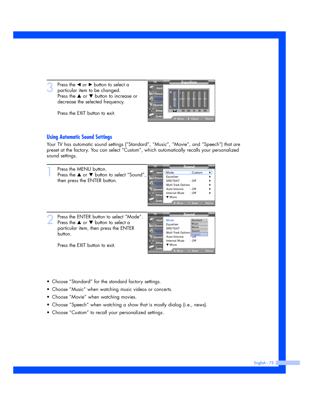 Samsung HL-R5677W, HL-R4677W instruction manual Using Automatic Sound Settings, Equalizer 