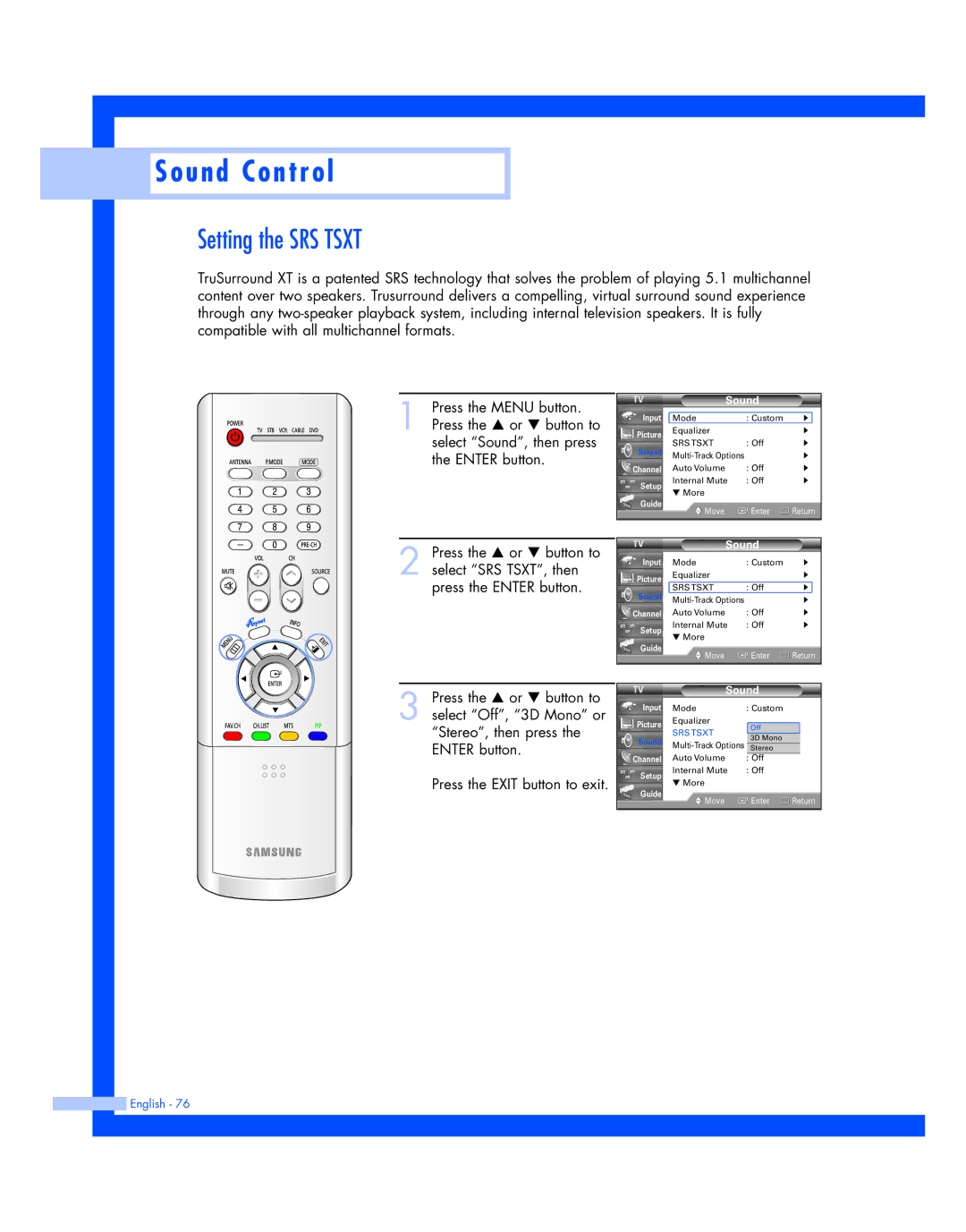 Samsung HL-R4677W, HL-R5677W instruction manual Setting the SRS Tsxt 