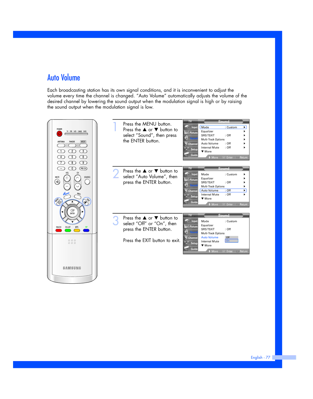 Samsung HL-R5677W, HL-R4677W instruction manual Auto Volume 