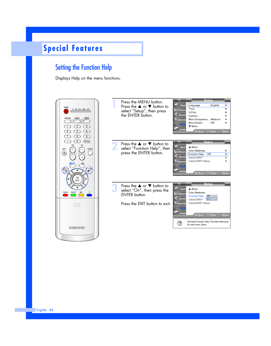 Samsung HL-R4677W, HL-R5677W instruction manual Special Features, Setting the Function Help 