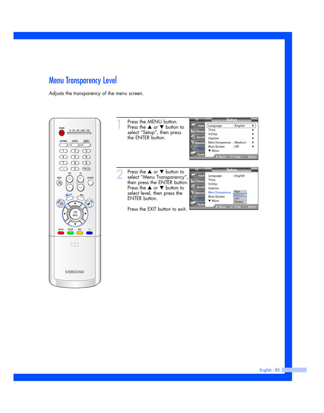 Samsung HL-R5677W, HL-R4677W instruction manual Menu Transparency Level 