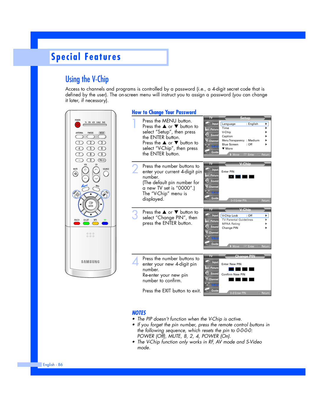 Samsung HL-R4677W, HL-R5677W instruction manual Using the V-Chip, Change PIN 