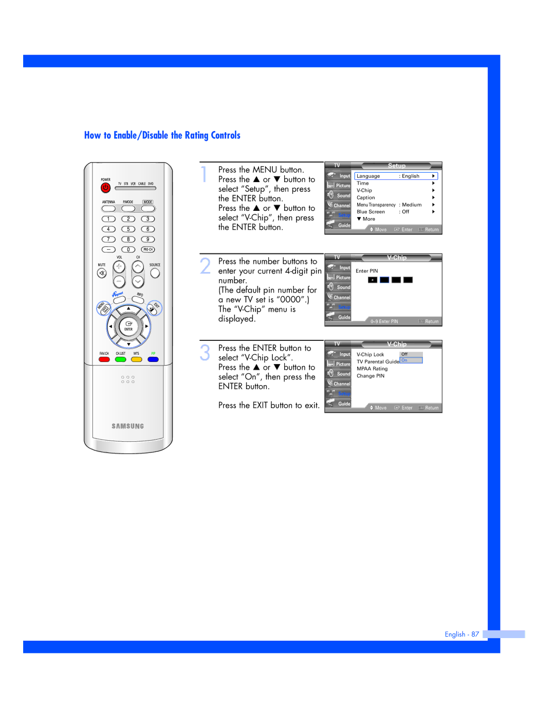 Samsung HL-R5677W, HL-R4677W instruction manual How to Enable/Disable the Rating Controls 