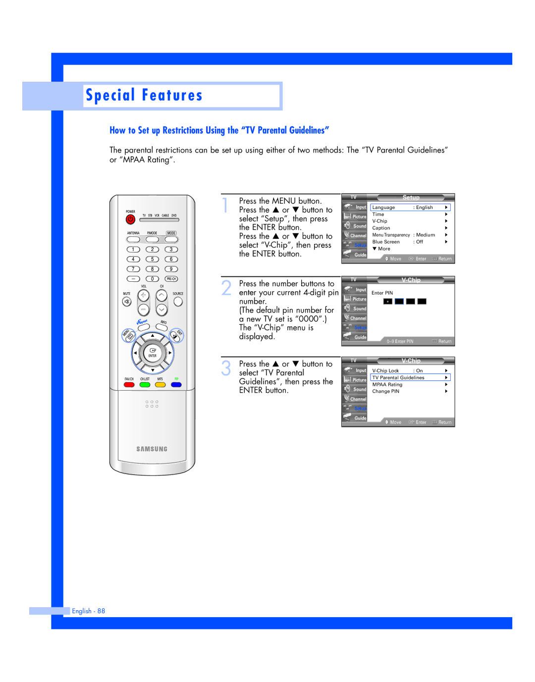 Samsung HL-R4677W, HL-R5677W instruction manual How to Set up Restrictions Using the TV Parental Guidelines 