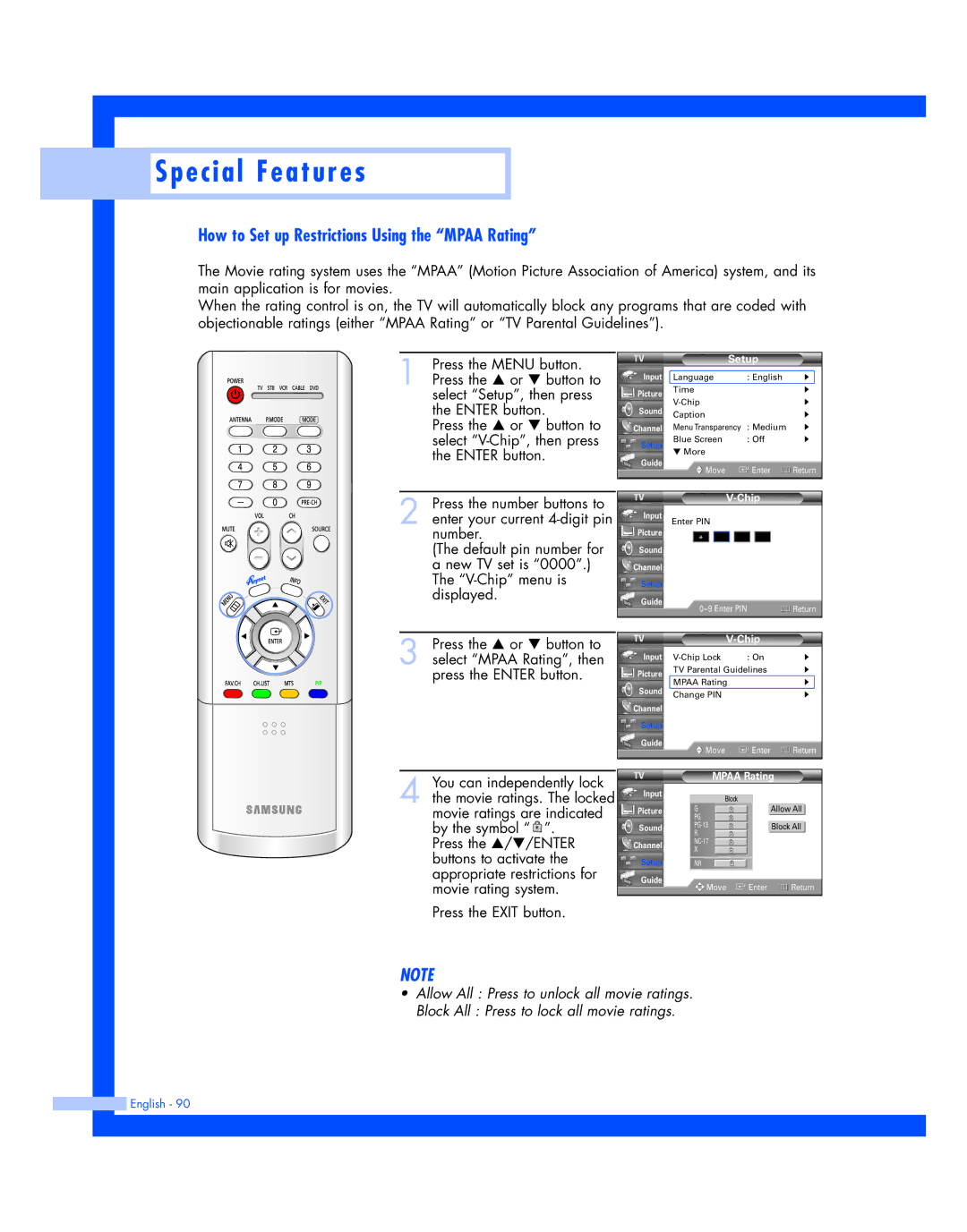 Samsung HL-R4677W, HL-R5677W instruction manual How to Set up Restrictions Using the Mpaa Rating 