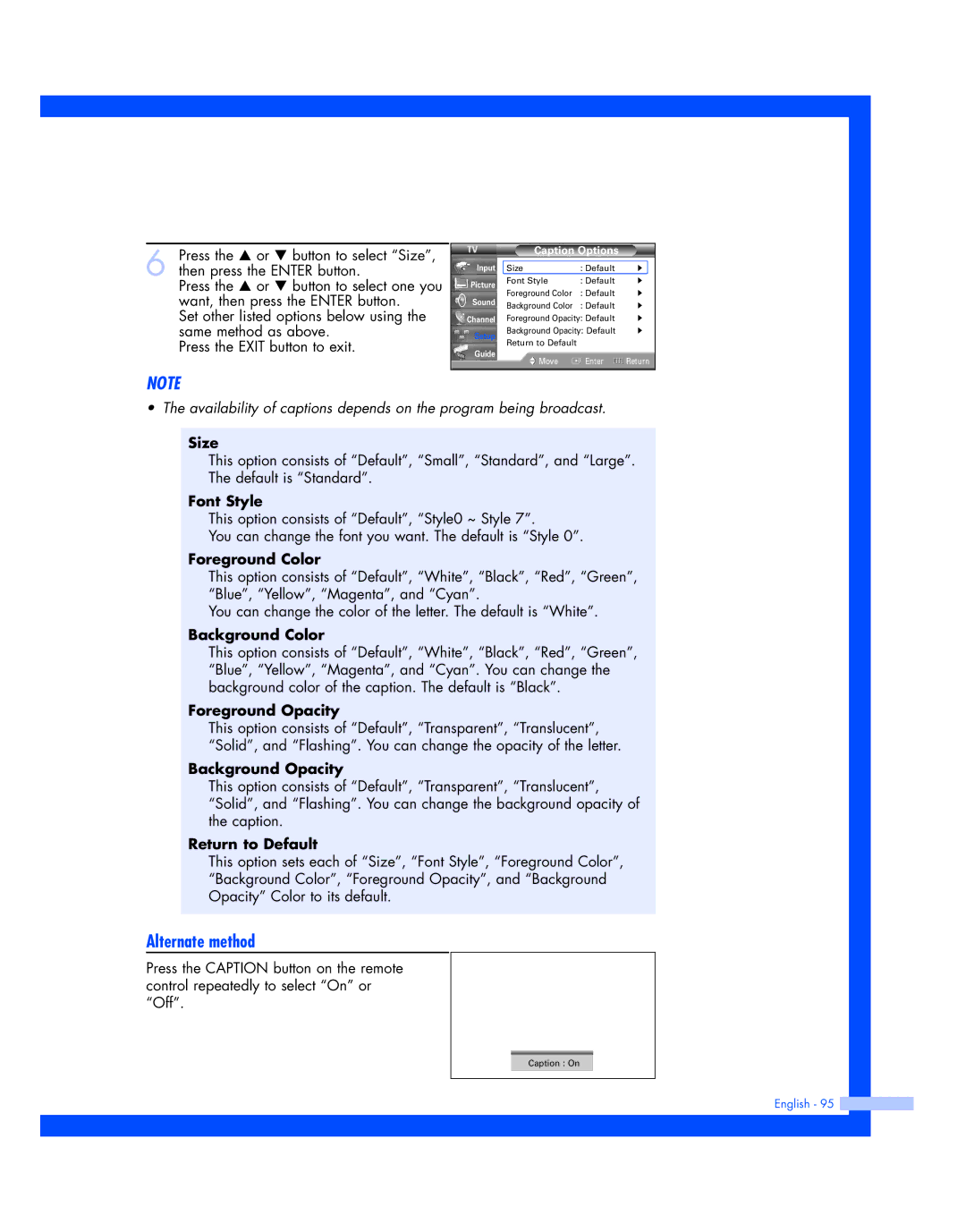 Samsung HL-R5677W, HL-R4677W instruction manual Font Style, Caption Options 