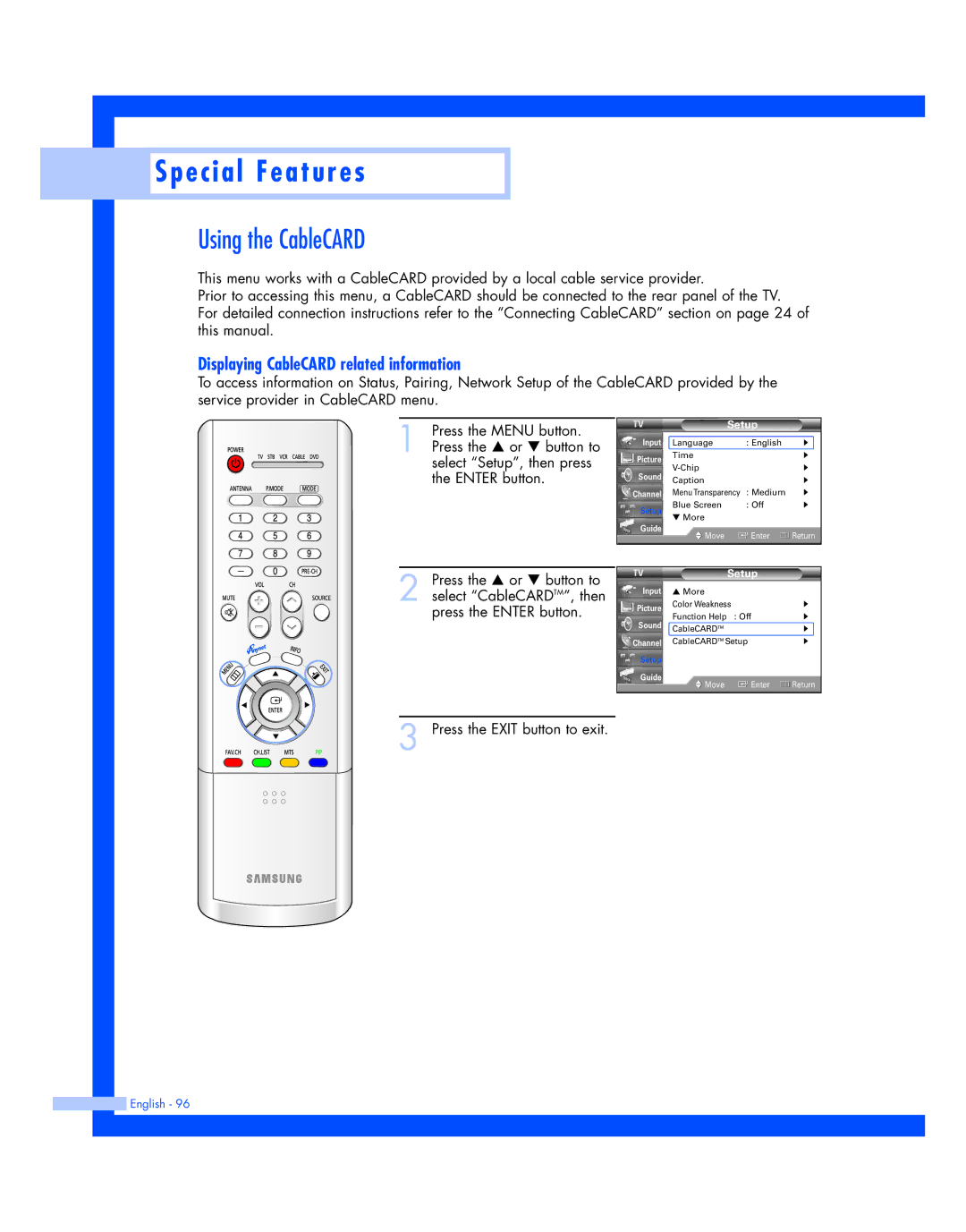 Samsung HL-R4677W, HL-R5677W instruction manual Using the CableCARD, Displaying CableCARD related information 