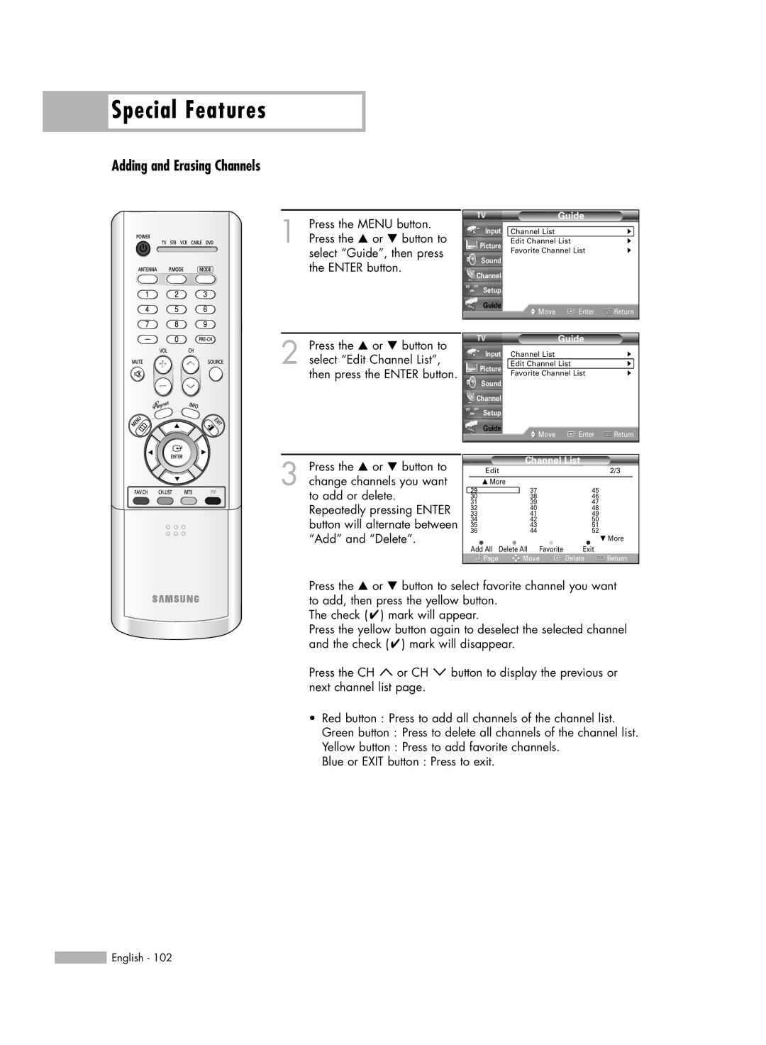 Samsung HL-R5066W manual Adding and Erasing Channels 