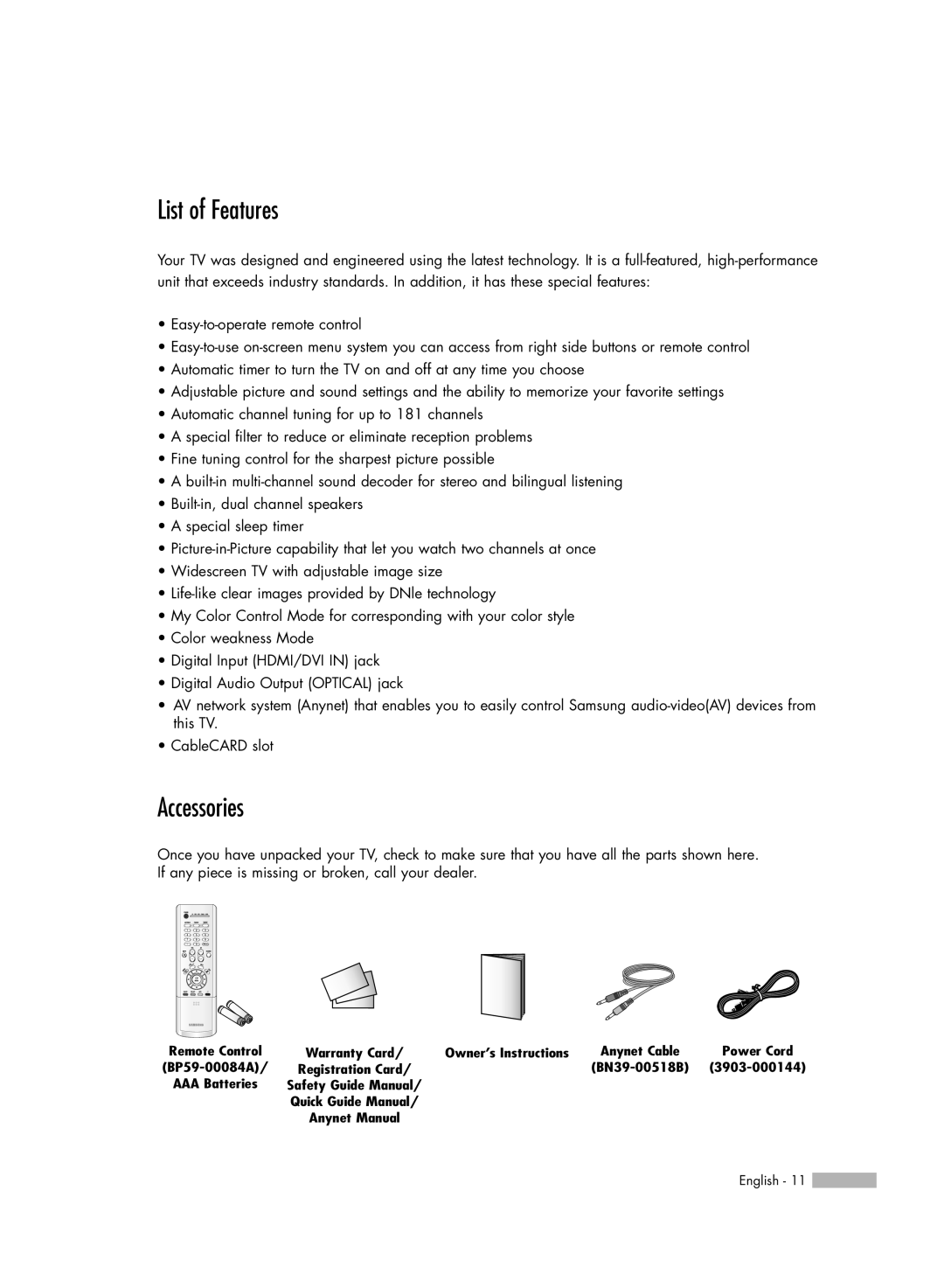 Samsung HL-R5066W manual List of Features, Accessories 