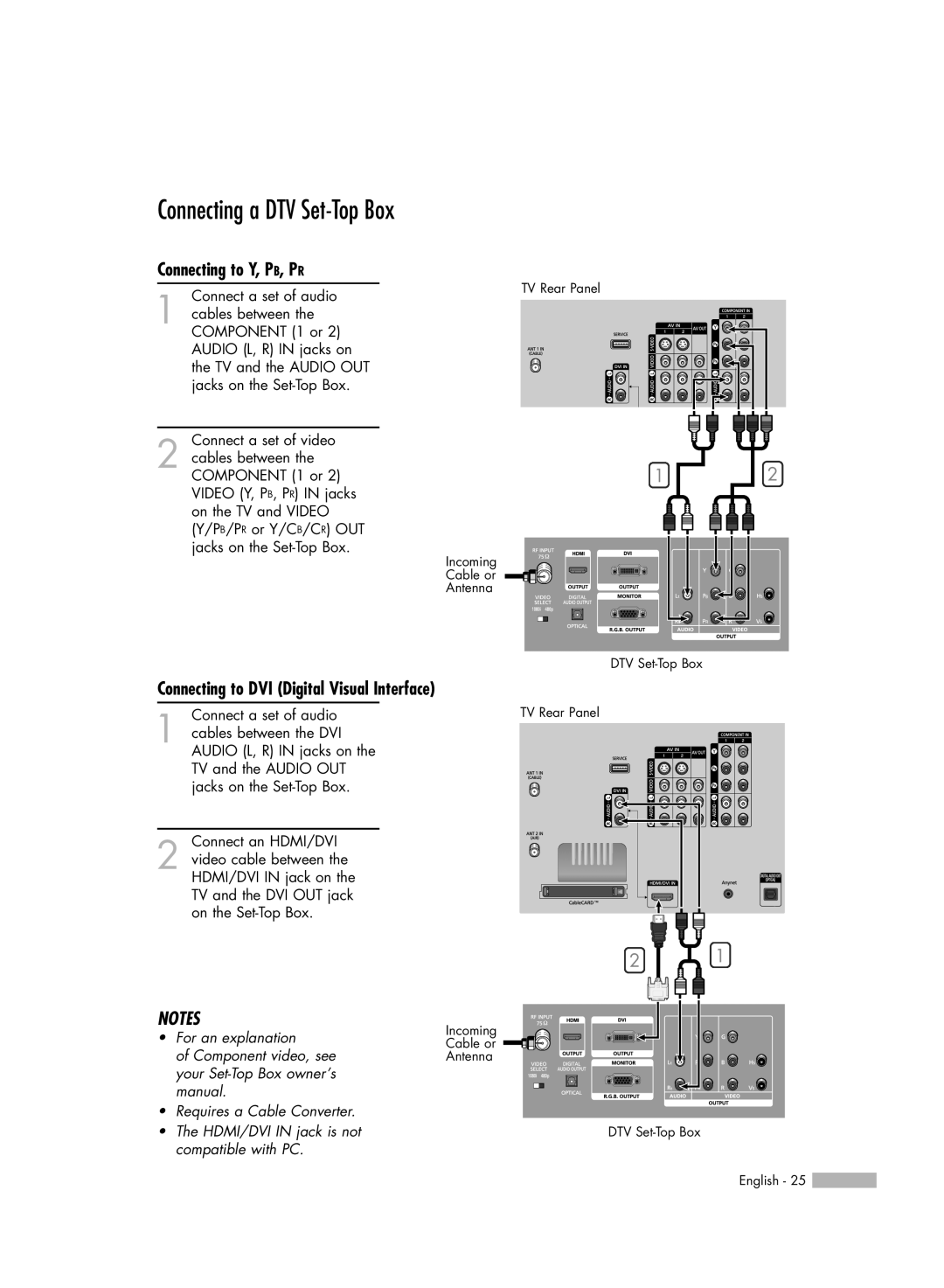 Samsung HL-R5066W manual Connecting a DTV Set-Top Box, Connecting to DVI Digital Visual Interface 