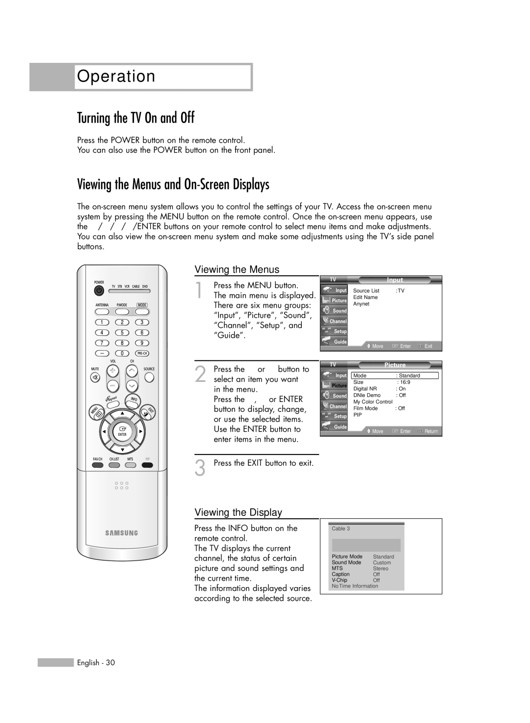 Samsung HL-R5066W manual Turning the TV On and Off, Viewing the Menus and On-Screen Displays, Viewing the Display 