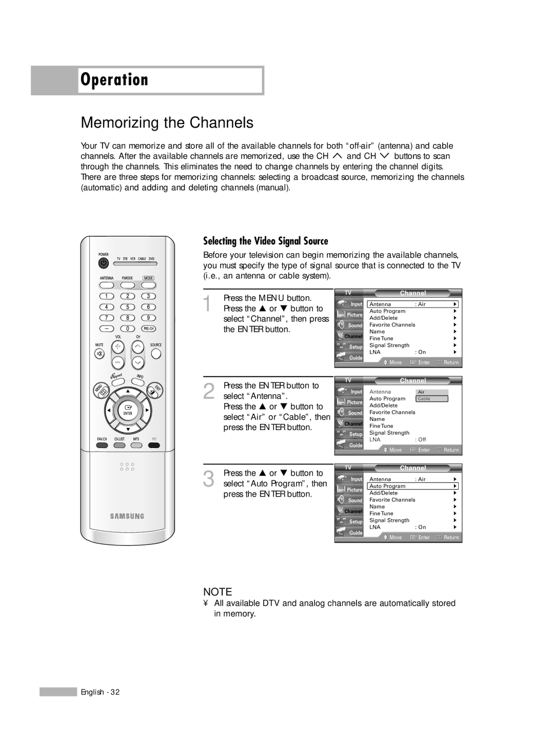 Samsung HL-R5066W manual Memorizing the Channels, Selecting the Video Signal Source 