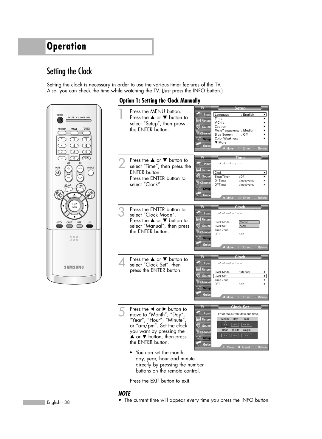 Samsung HL-R5066W manual Option 1 Setting the Clock Manually 