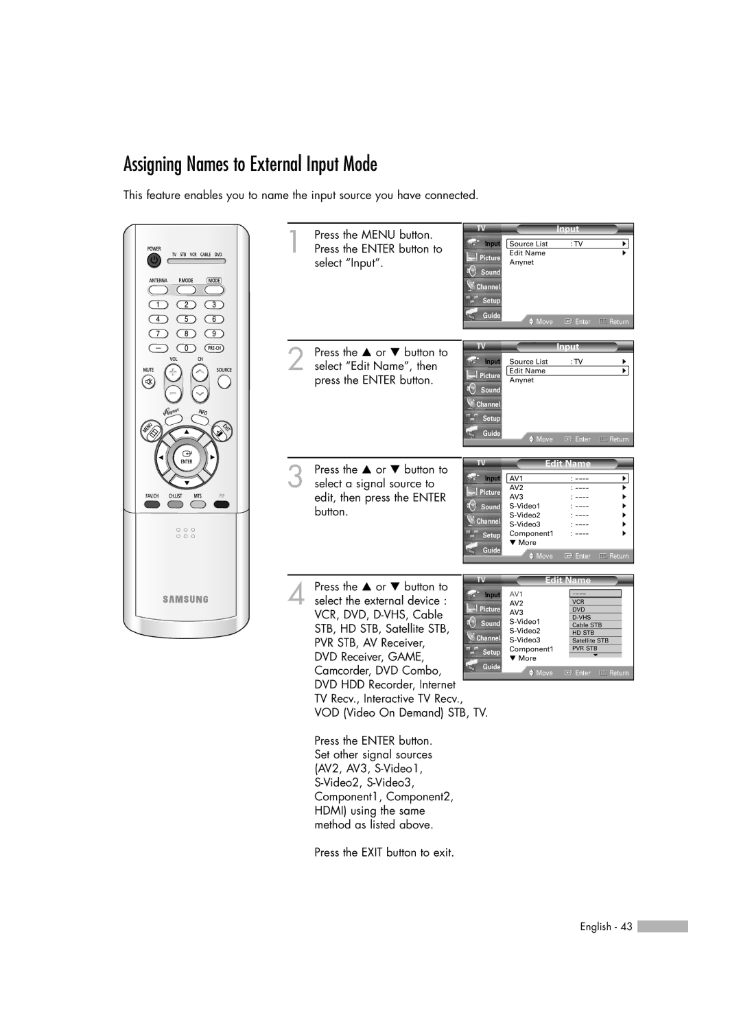 Samsung HL-R5066W manual Assigning Names to External Input Mode, Edit Name 