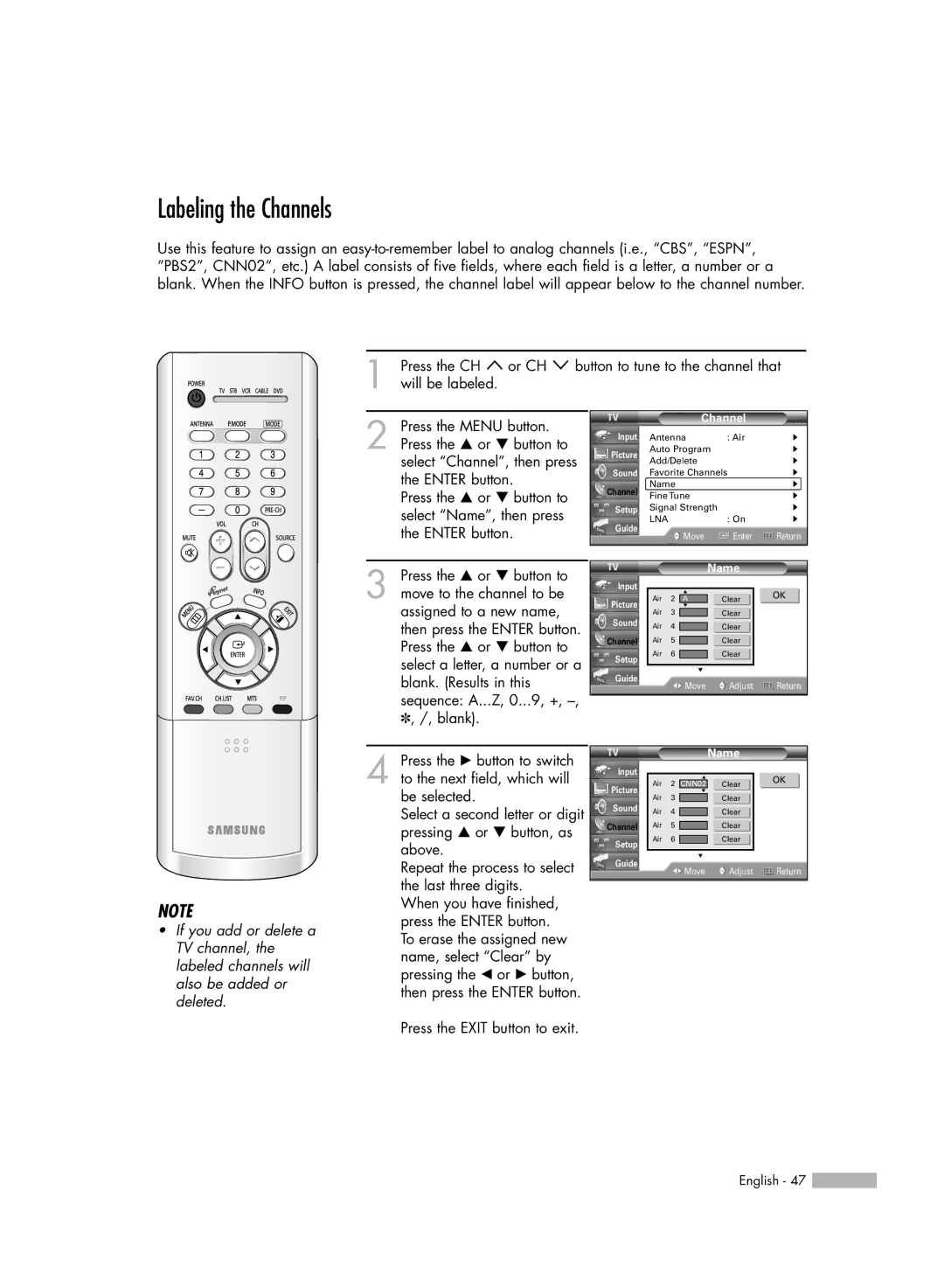 Samsung HL-R5066W manual Labeling the Channels, Name 