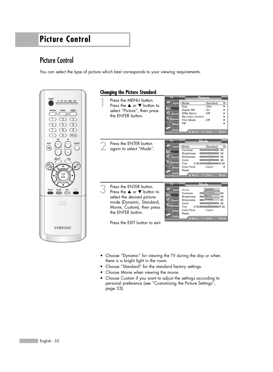 Samsung HL-R5066W manual Picture Control, Changing the Picture Standard, Mode 