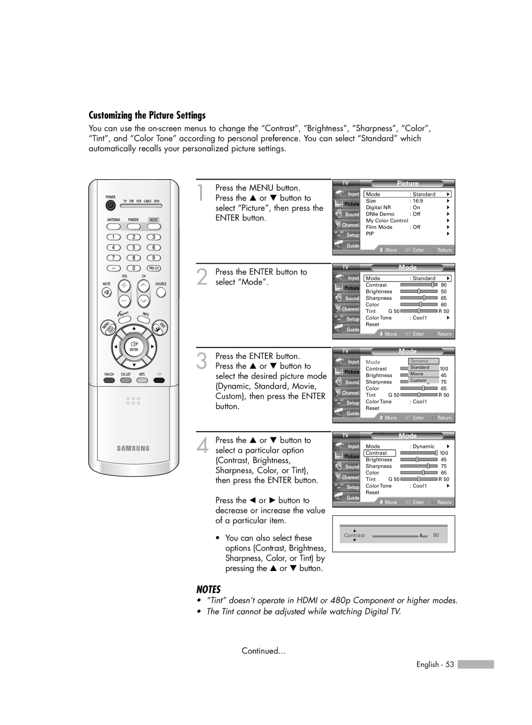 Samsung HL-R5066W manual Customizing the Picture Settings 