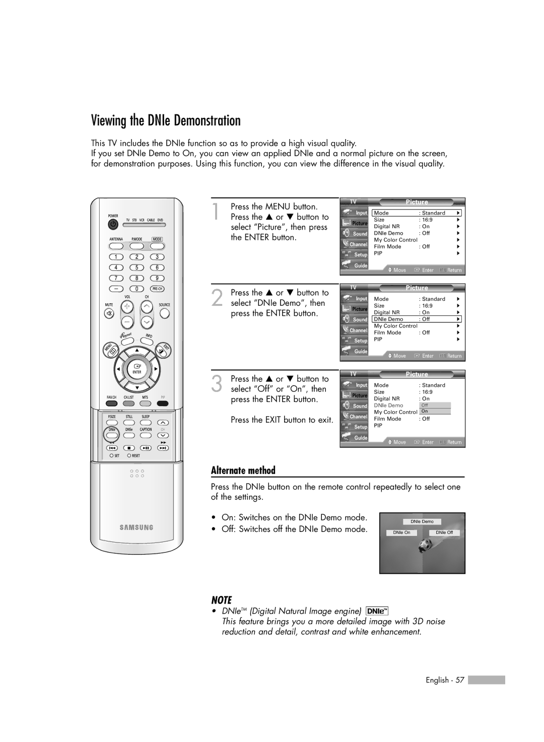 Samsung HL-R5066W manual Viewing the DNIe Demonstration, DNIeTM Digital Natural Image engine 