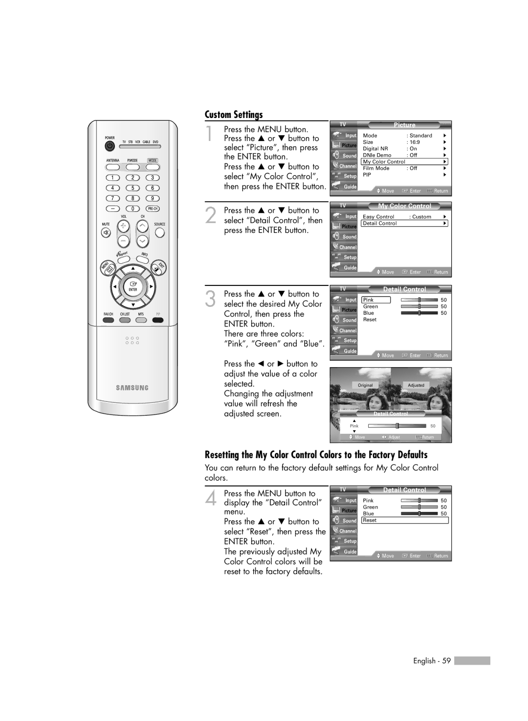 Samsung HL-R5066W manual Custom Settings, My Color Control, Detail Control 