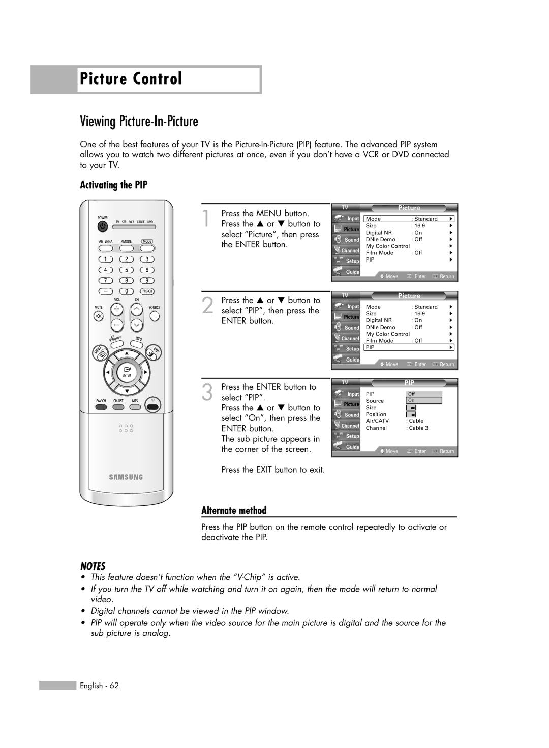 Samsung HL-R5066W manual Viewing Picture-In-Picture, Activating the PIP 